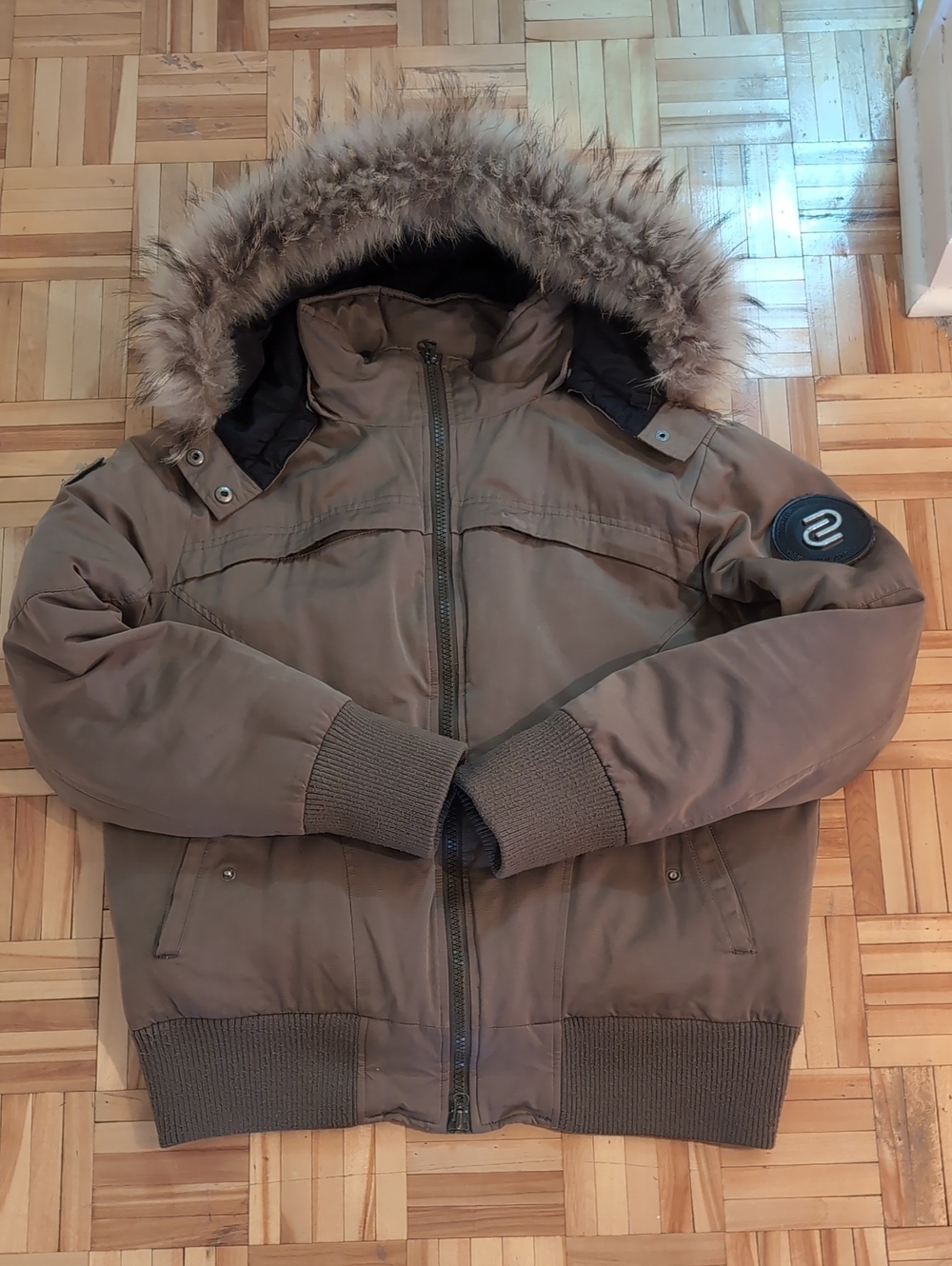 Numero Men's Down Hooded Bomber Jacket with Racoon Fur Trim Size L